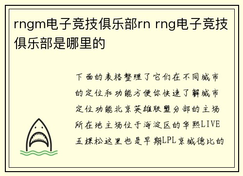 rngm电子竞技俱乐部rn rng电子竞技俱乐部是哪里的